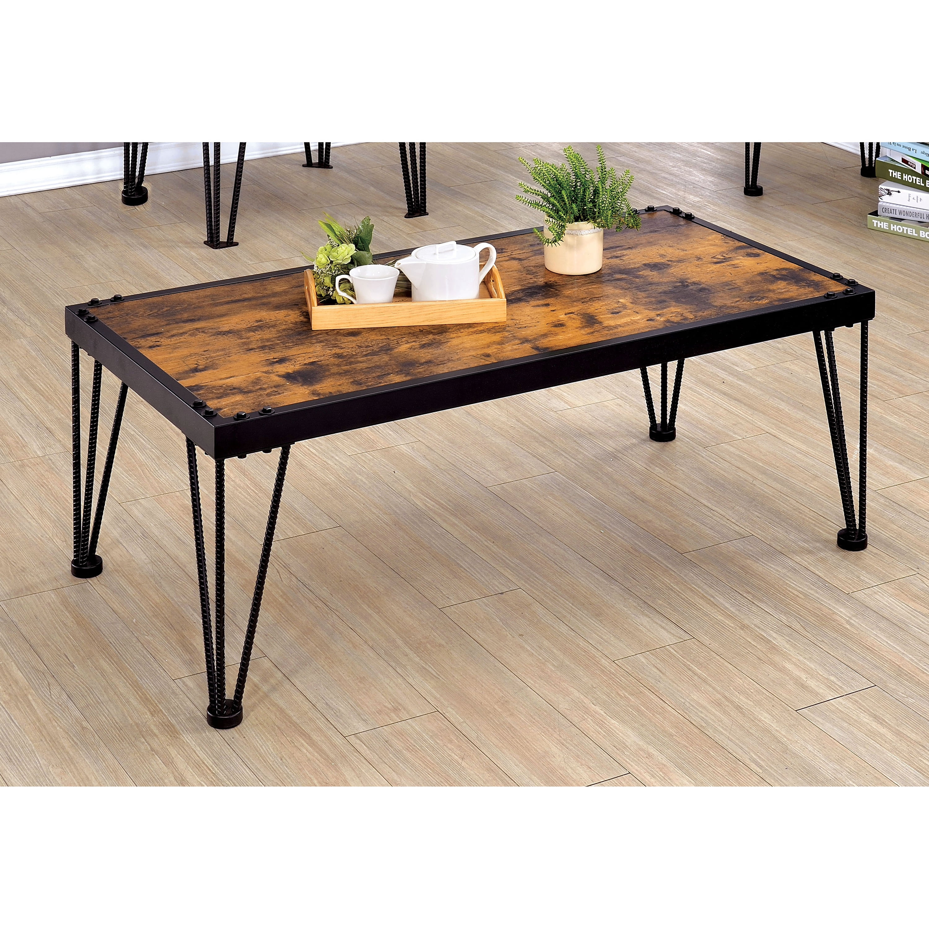 Furniture of America Duvall Industrial Coffee Table, Burnt Wood
