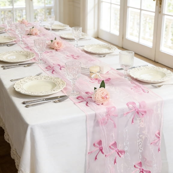 MMJ Pink Bow Embroidered Table Runner 118x28.3in for Dining Room Wedding Party Home Decor
