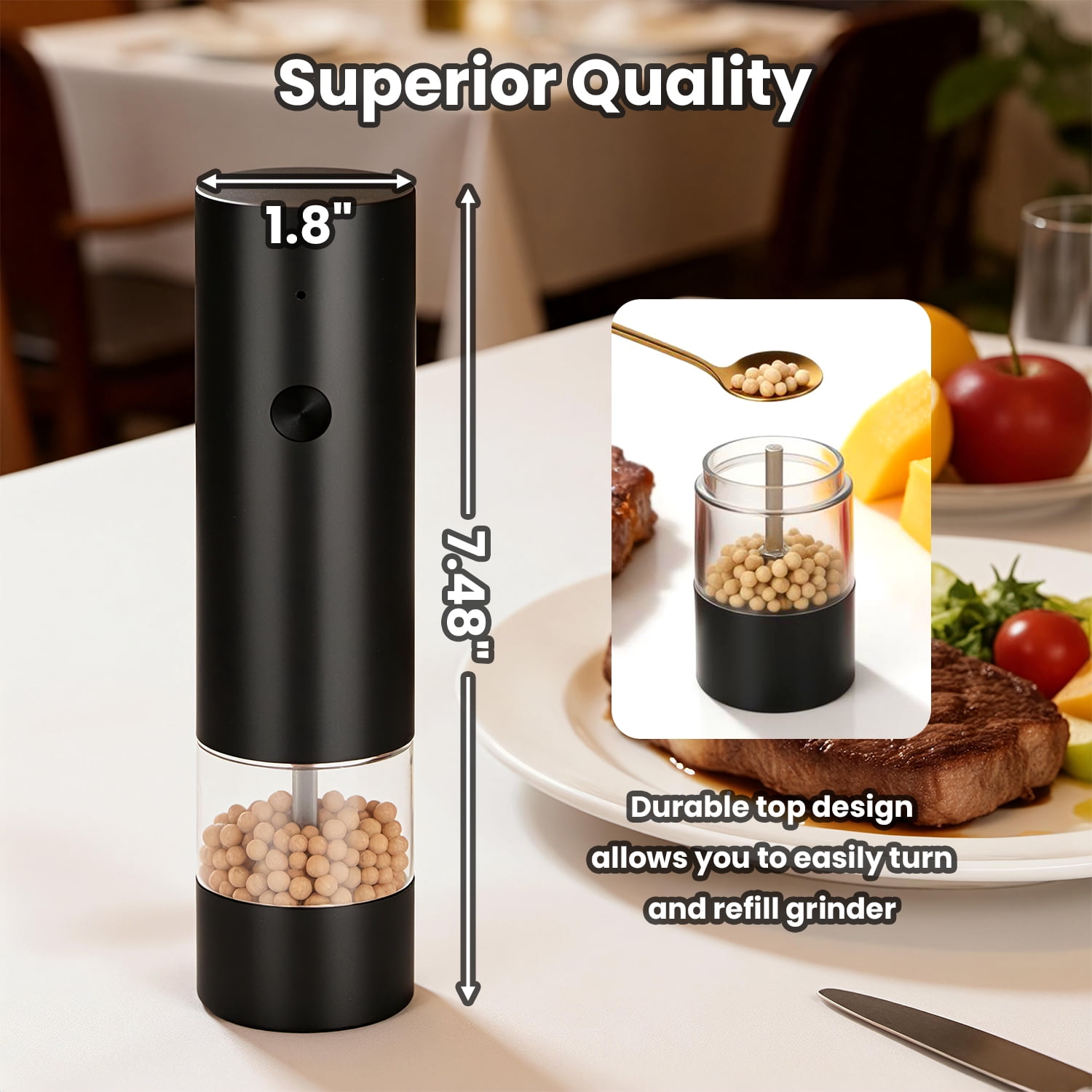 Cordless Electric Spice Grinder, USB Rechargeable Salt & Pepper Mill with Adjustable Grind, Stainless Steel Kitchen Tool