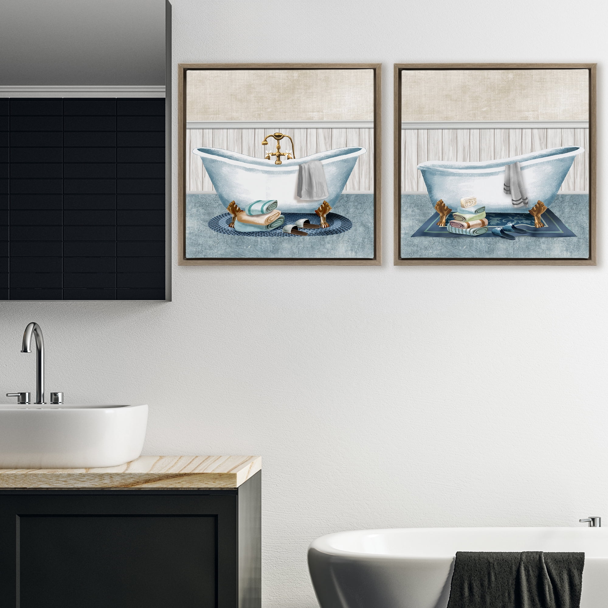 Stupell Industries Cozy Bathtub & Slippers 2 Piece Brown Framed Floater Canvas Set, design by Conrad Knutsen