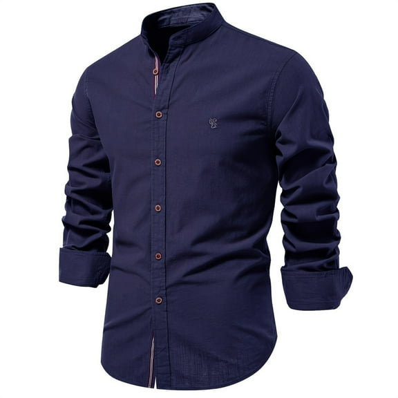 DPTALR Men's Fashion Casual Solid Color Long-Sleeve Shirt Turndown Collar,Dark Blue,L