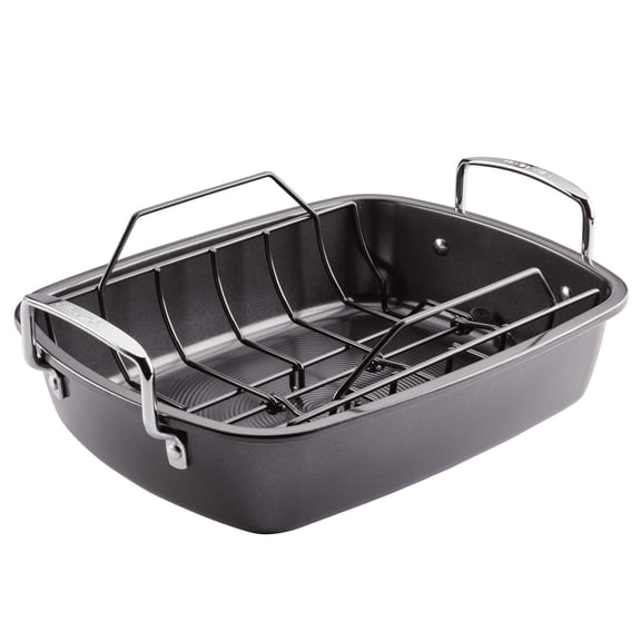 Nonstick Roasting Pan / Roaster with Rack - 17 Inch x 13 Inch, Gray
