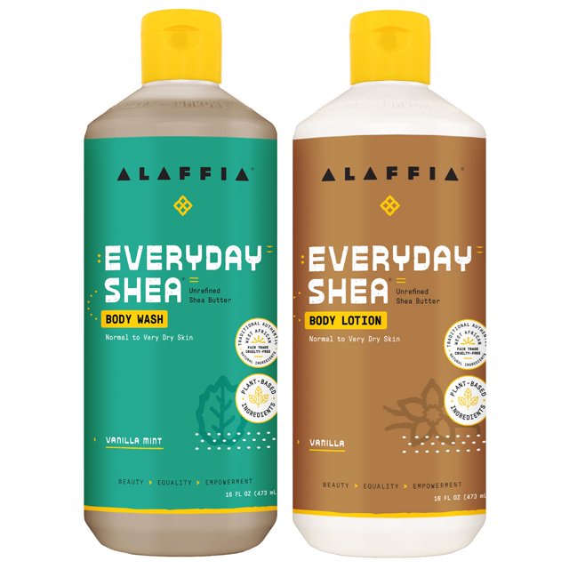 Alaffia EveryDay Loción de vainilla de karité y gel de baño de menta de vainilla – La piel normal a muy seca limpia e hidrata la piel suave y flexible con manteca de karité, limoncillo, neem y aceite