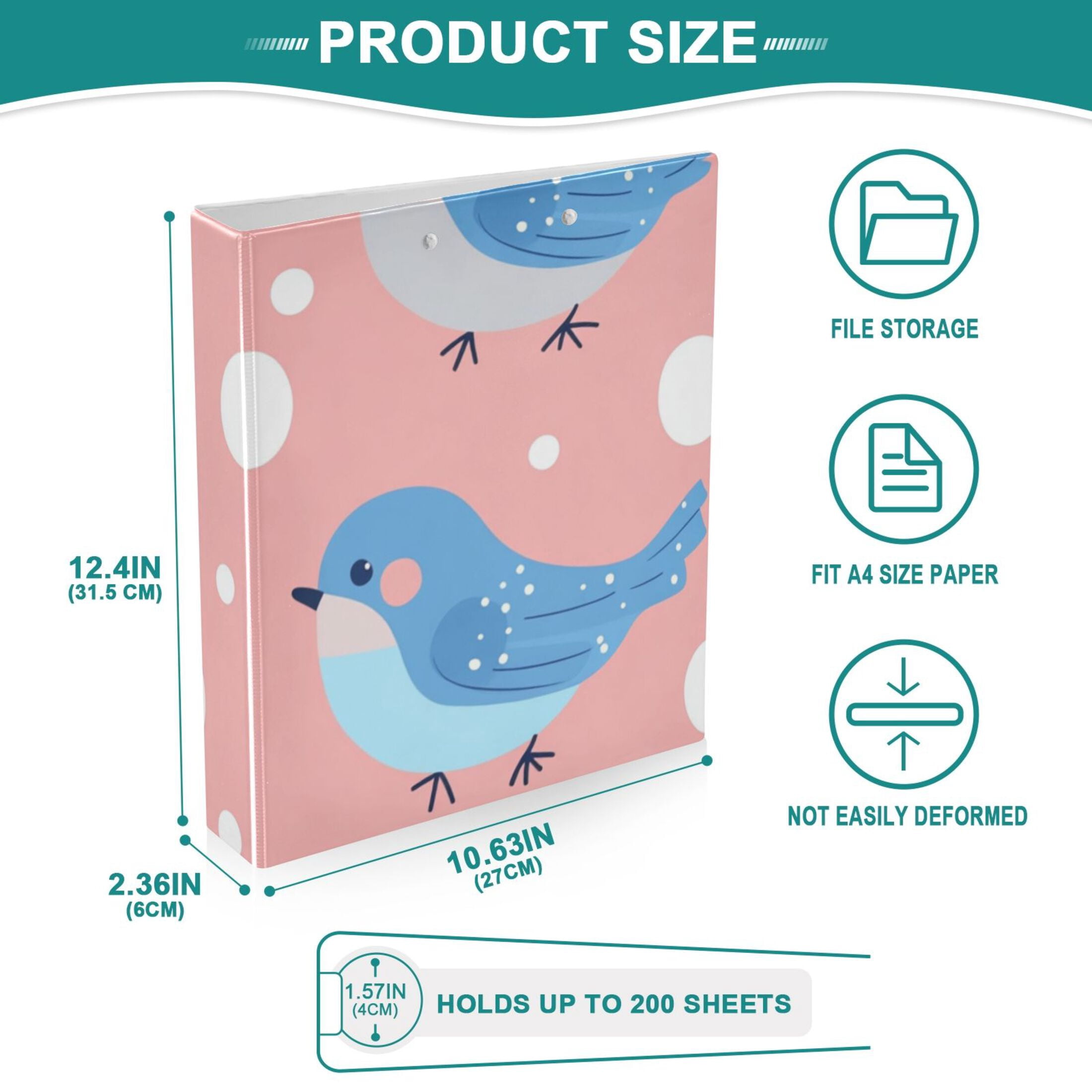 Blue Birds at Pink 3 Ring Binders 1.5 inch Hardcover File Folders with Interior Pockets A4 Size Organizer for School Office Hospital Set of 2