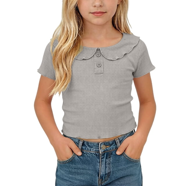 KyCheLot Girls' Summer T-Shirts Button Round Lapel Neck Solid Color Short Sleeve Tops Trendy Comfortable T-Shirts