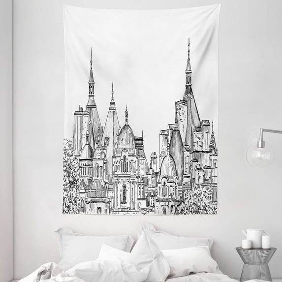 Modern Decor Tapestry, European City Landscape Sketchy Artistic Painting with Landsmarks Image, Wall Hanging for Bedroom Living Room Dorm Decor, 60W X 80L Inches, Black and White, by Ambesonne