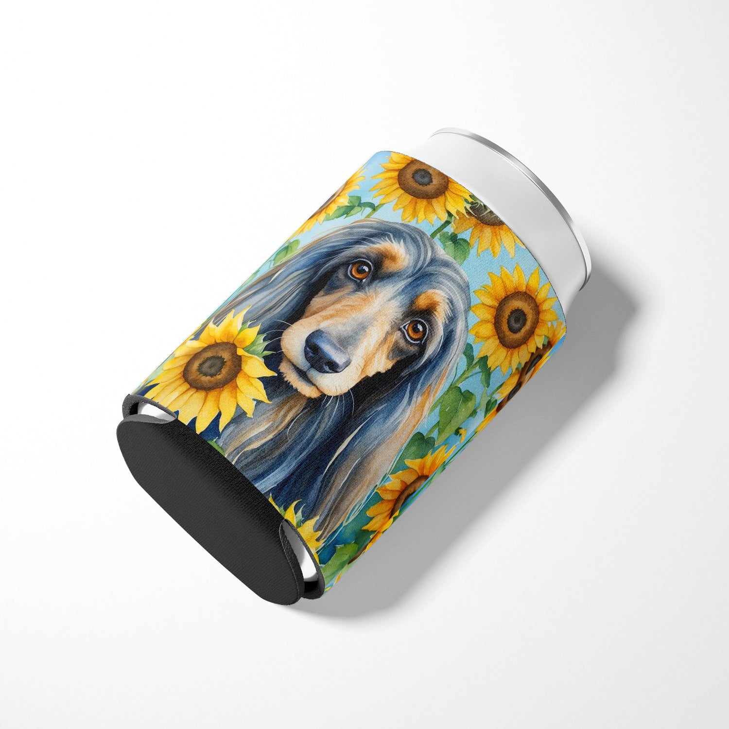 Afghan Hound in Sunflowers Can or Bottle Hugger 3 in x 5 in