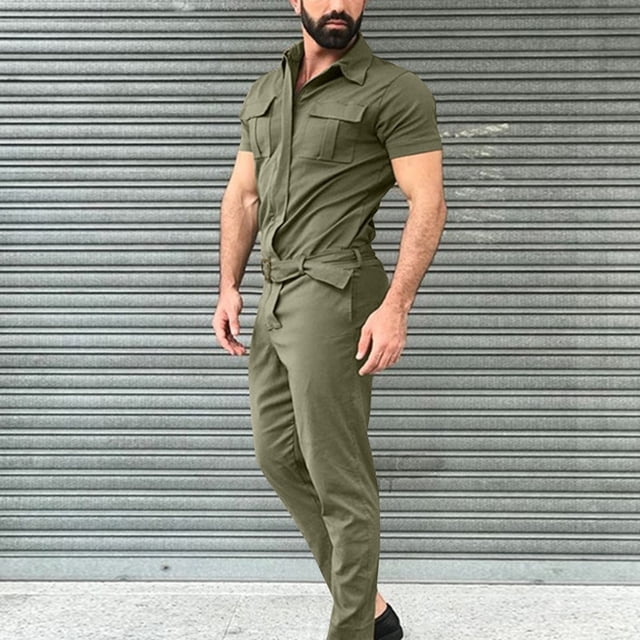 Product Classification Men's Cargo Pants - Solid Zippered Pockets Utility Jumpsuit with Spring-Summer Styling Short-Sleeve Lace-Up Design
