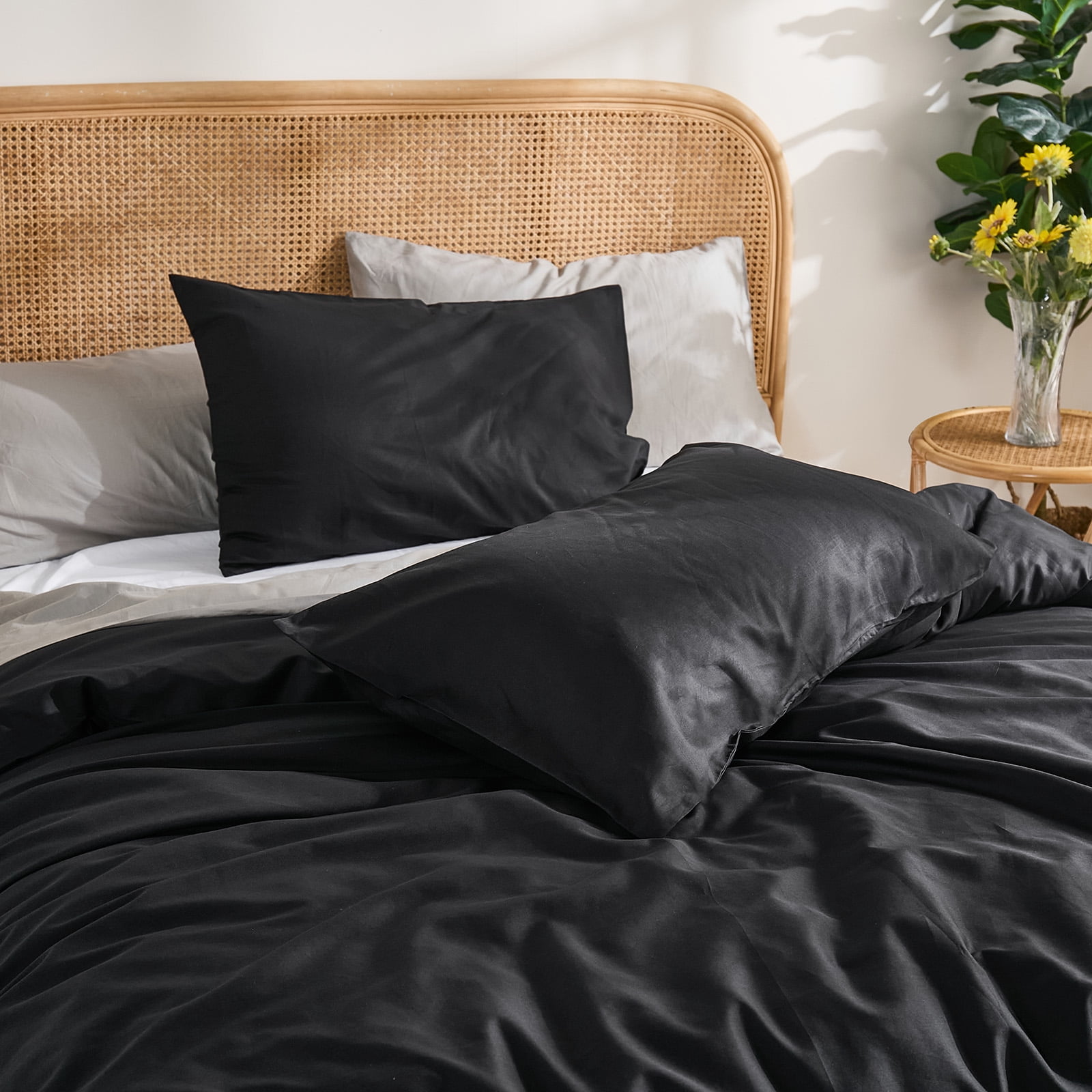 100% Washed Cotton Duvet Cover –Black, Linen-Like Texture, Super Soft & Breathable Bedding Set, 3-Piece Durable Percale Comforter Cover