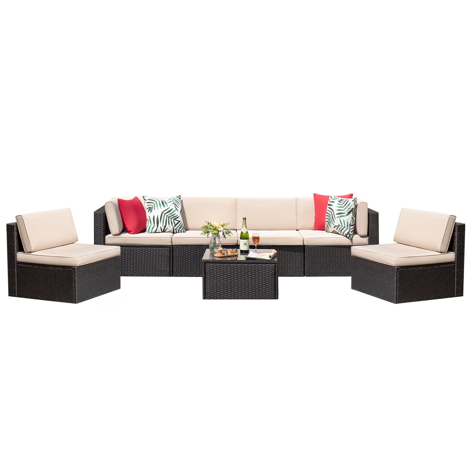 Vineego 7 Pieces Outdoor Patio Furniture Sets Wicker Sectional Sofa All-Weather PE Rattan Conversation Sets, Beige