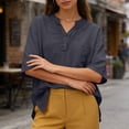 thumbnail image 2 of Guluxicc V Neck T Shirts for Women 3/4 Sleeve Solid Color Drawstring Neck Loose Fit Casual Oversized Womens Tee Shirts Cozy Tops, 2 of 8