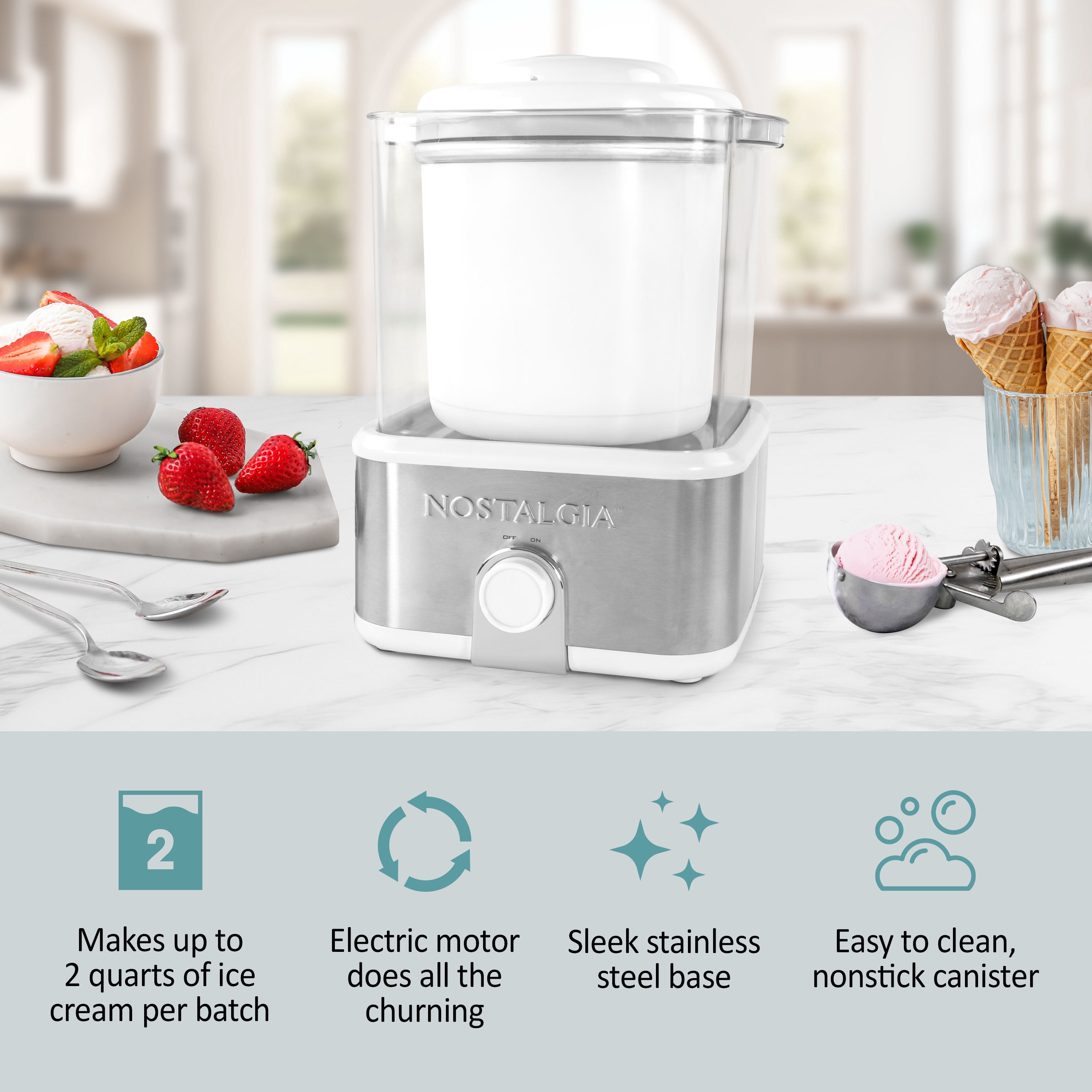 Nostalgia Electric Ice Cream Maker with 2-Qt Double Insulated Gel Canister & Stainless Steel Base - Makes Sorbet, Soft Serve, and Frozen Yogurt - White