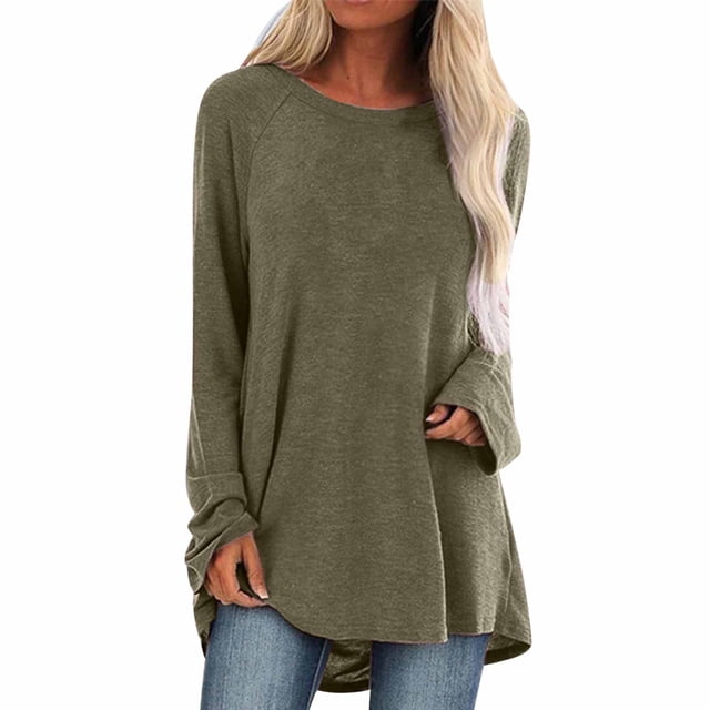 Blusa camiseta de mujer de color liso, cuello redondo y manga larga raglán - Spandex y poliéster, corte holgado, estampado de dientes de león, 5 colores, tallas S-XXL