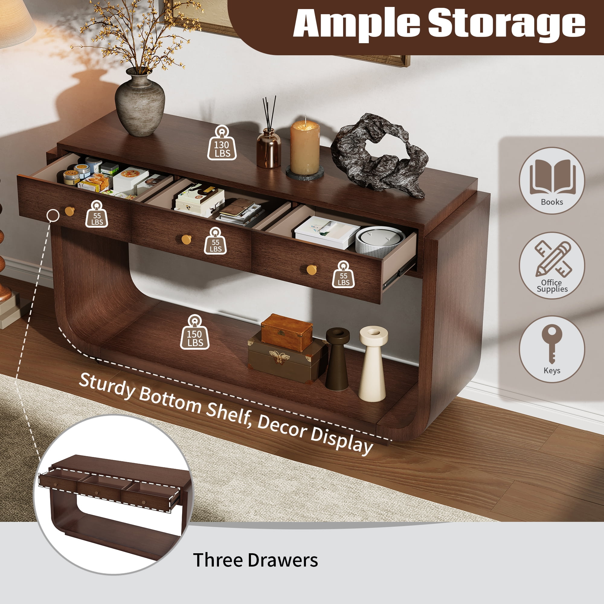 Mintazer Curved Rounded Console Table with Brushed Nickel Handles, Entryway Table with 3 Drawers & Open Bottom Shelf, Anti-Tip Sofa Table for Hallway Living Room Foyer, Walnut