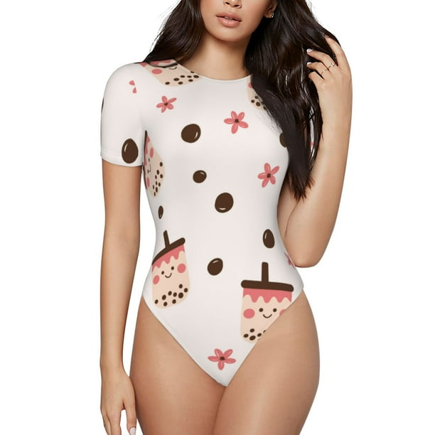Fotbe Milk Tea Body de Mujer con Cuello Redondo y Mangas Cortas, Sin Mangas Ajustado, Suave, Cómodo y Básico-XX-Large