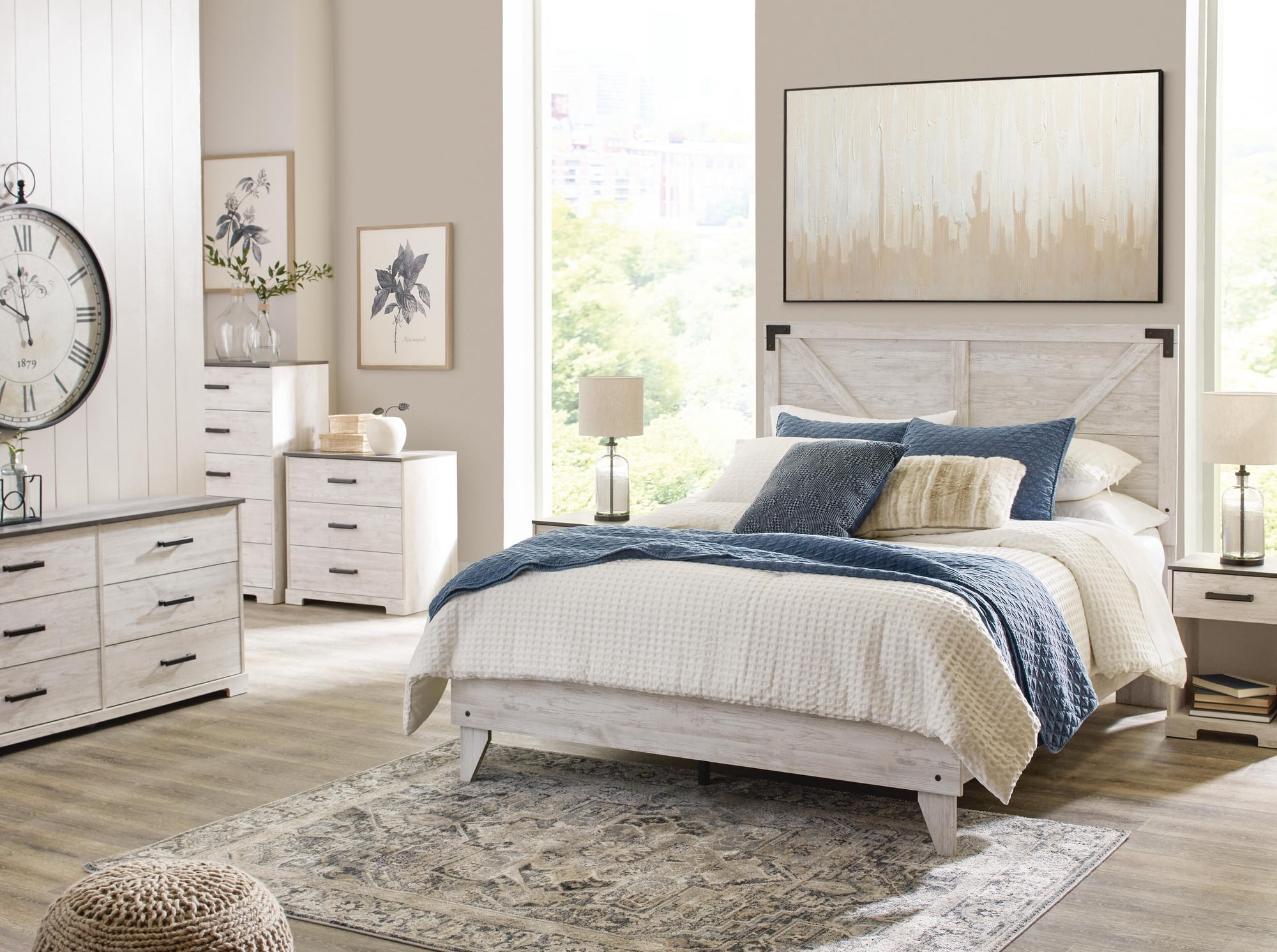 Signature Design by Ashley Shawburn Queen Crossbuck Panel Headboard, Whitewash, Farmhouse Wood-Look Headboard with Rustic Design