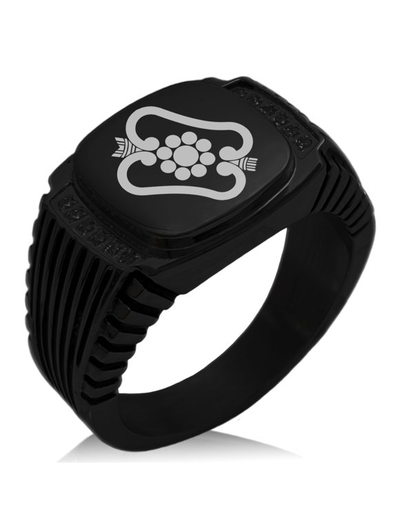 Stainless Steel Obata Samurai Crest CZ Ribbed Needle Stripe Pattern Biker Style Polished Ring