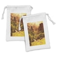 thumbnail image 1 of Greece Fabric Pouch Set of 2, Meteora Monasteries in Greece Architecture Tourist Attractions, Small Drawstring Bag for Toiletries Masks and Favors, 9" x 6", Earth Yellow and Mustard, by Ambesonne, 1 of 2