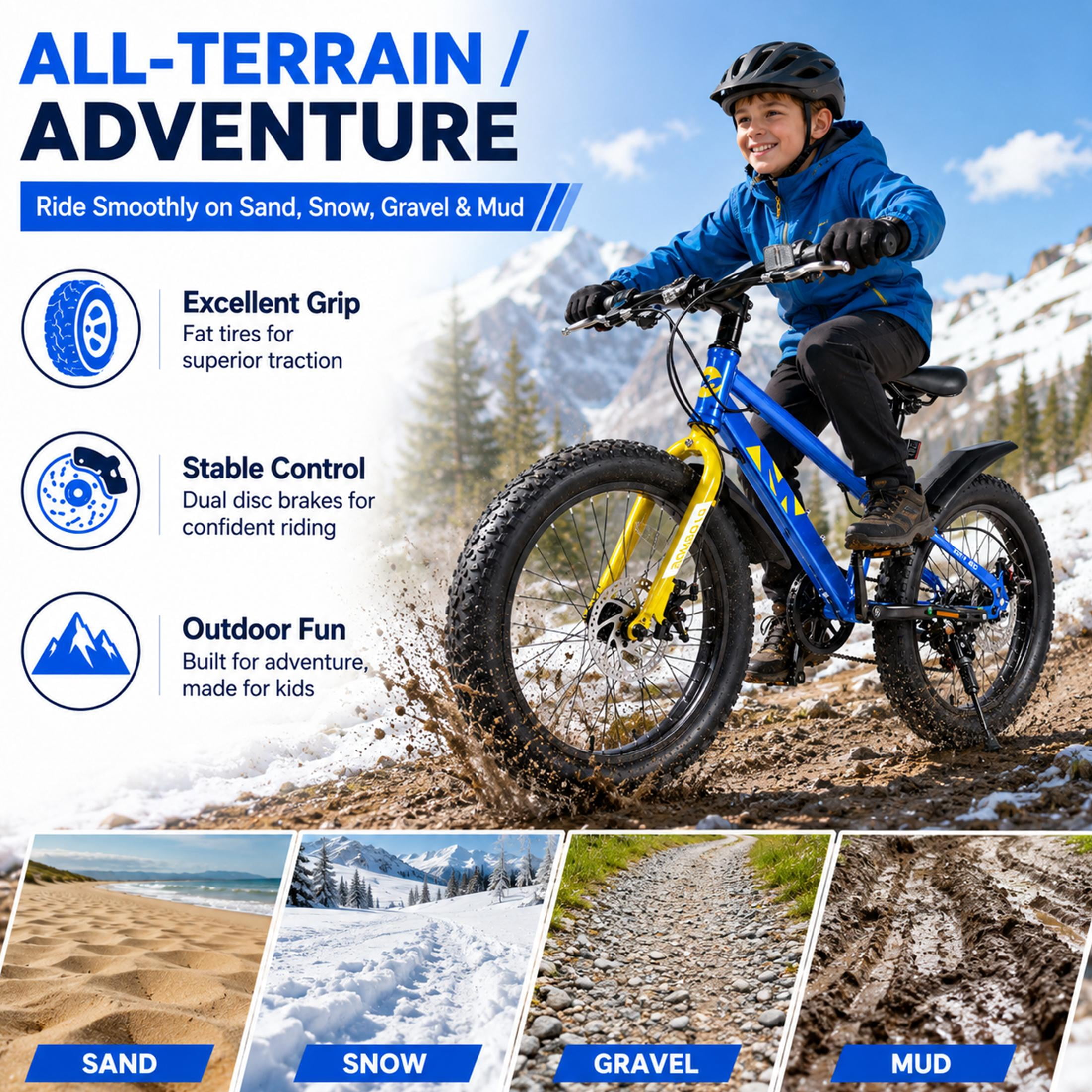 20 Inch Kids Mountain Bike for Boys and Girls Ages 5-12, 7-Speed Fat Tire Bicycle with Dual Disc Brakes and Suspension Fork, Blue Children’s Outdoor Bike for Sand, Snow, and Trail Riding