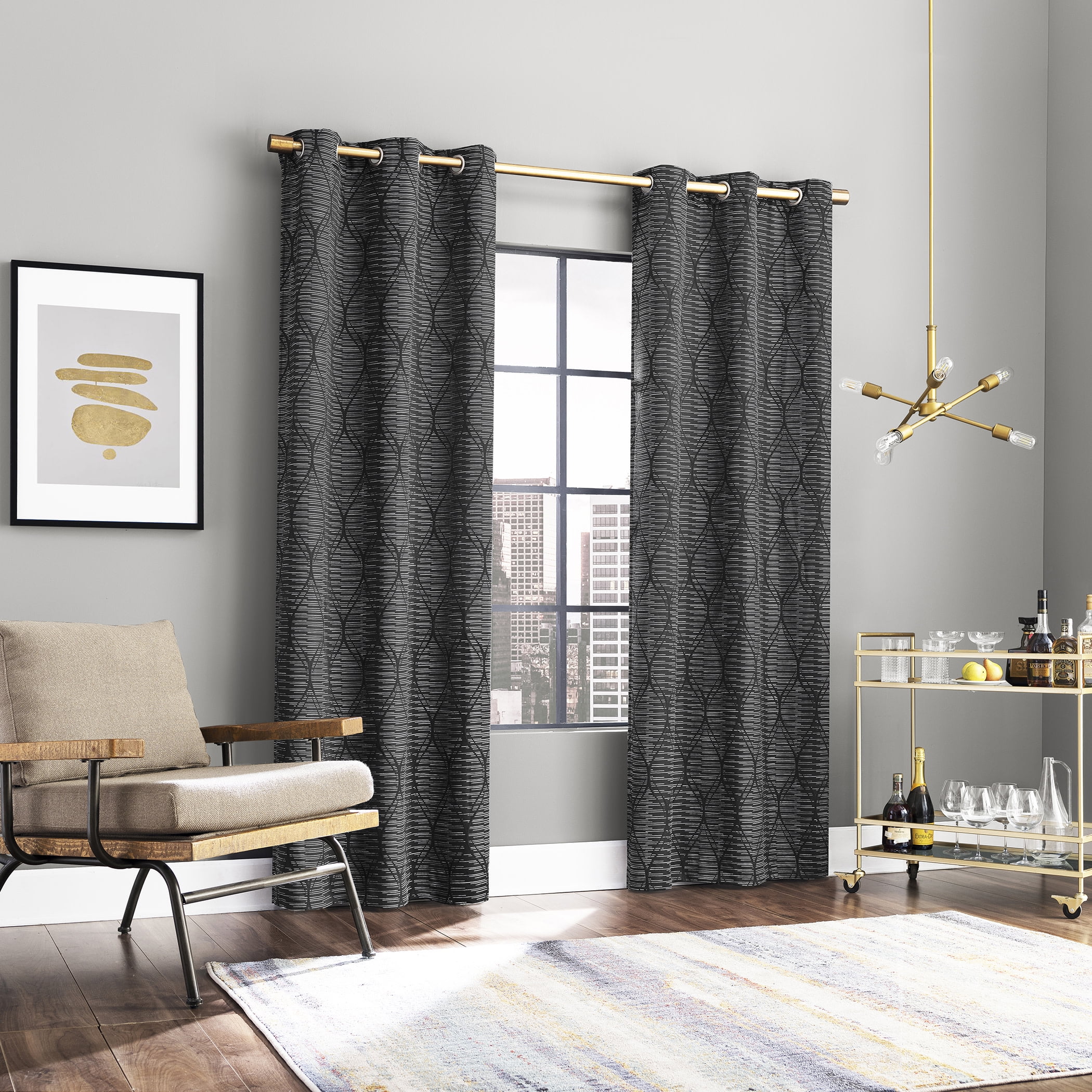 Sun Zero Alaster Geometric Ogee 100% Blackout Grommet Curtain Panel, 40"x84", Black