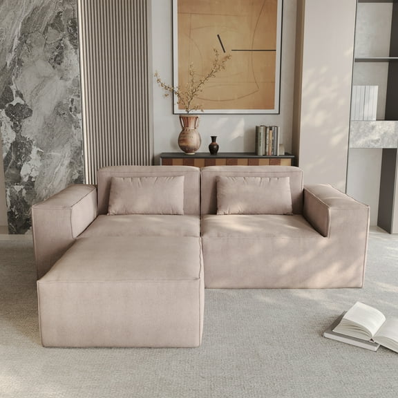 Sdorens 86.62" Modular Sectional Sofa,L-Shape Sofa Cloud Fleece Couch with Pillows,Comfy Sofa with Deep Seats for Living Room,Apartment(Loveseat Sofa with Ottoman,Brown)