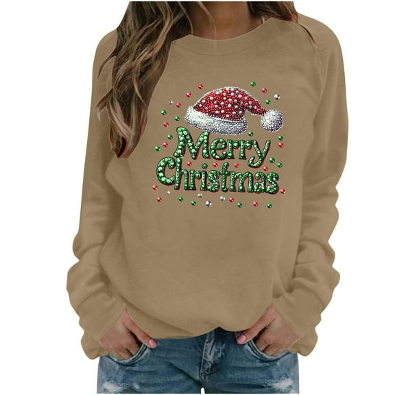 Fall Fashion Must Haves Womens Long Sleeve Round Neck Merry Christmas Print Pullover Sweatshirt Fall Top Women Fall Clothes My Items