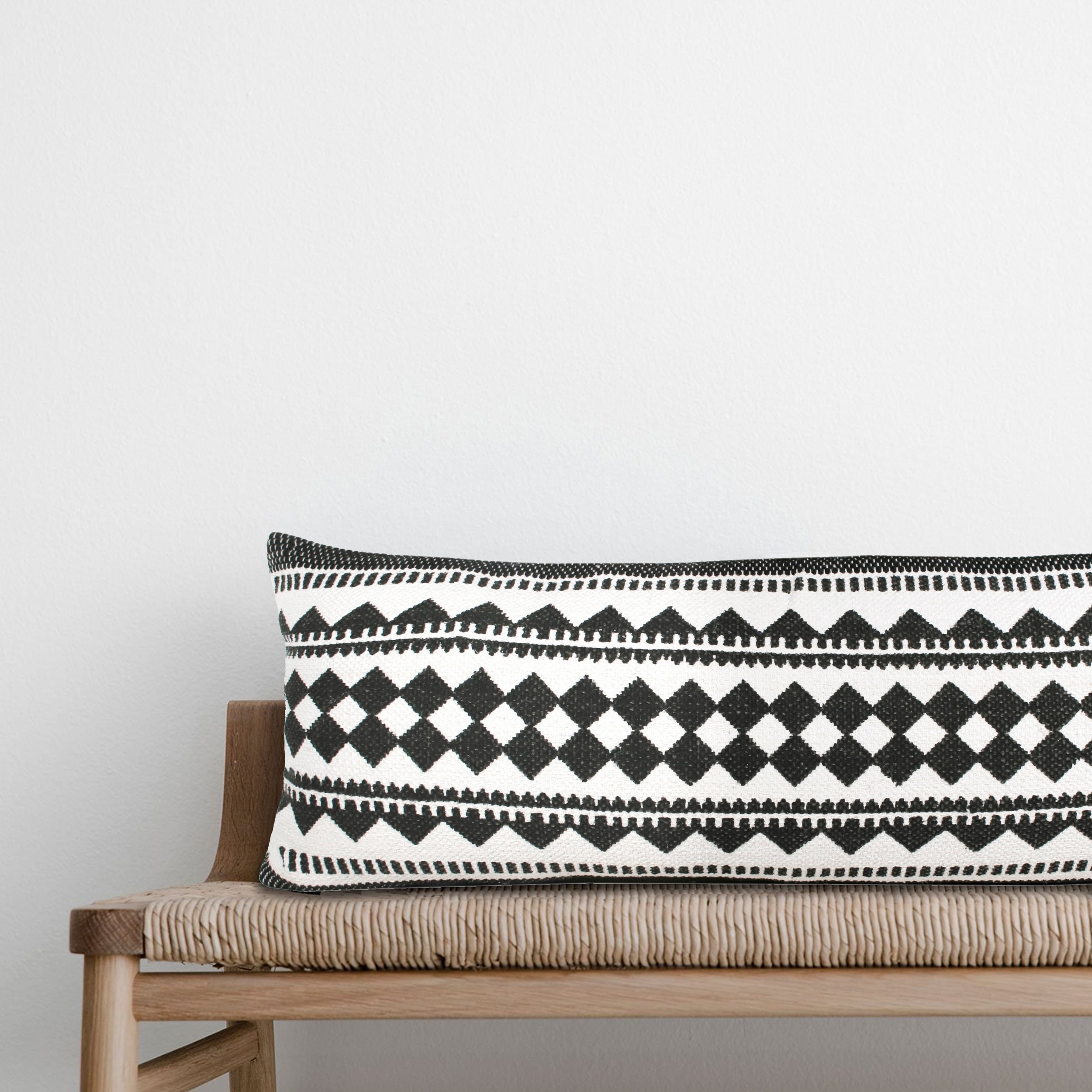 Desert Fields Naomi 14" x 36" Black/White Boho Stripe Cotton Blend Adult Lumbar Throw Pillow