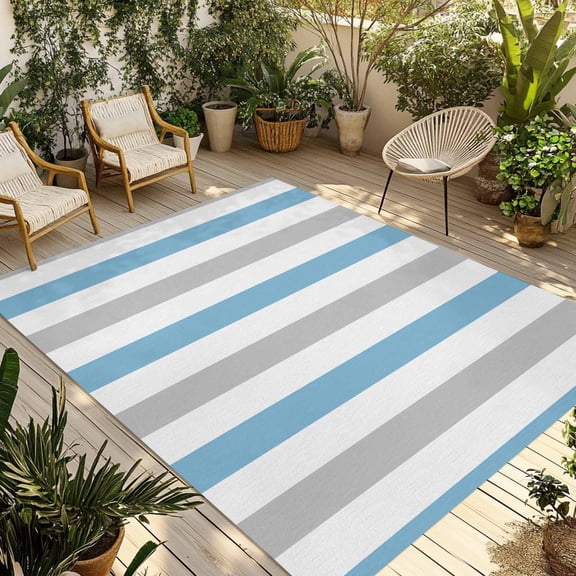 Blue Grey Striped Outdoor Rug 3x5 Ft - Reversible Patio Rug Outdoor Camping Rugs, Geometric Vertical Stripes Minimalist Indoor Outdoor Area Rugs, Non-Slip Outdoor Carpet Runner for Deck/Porch