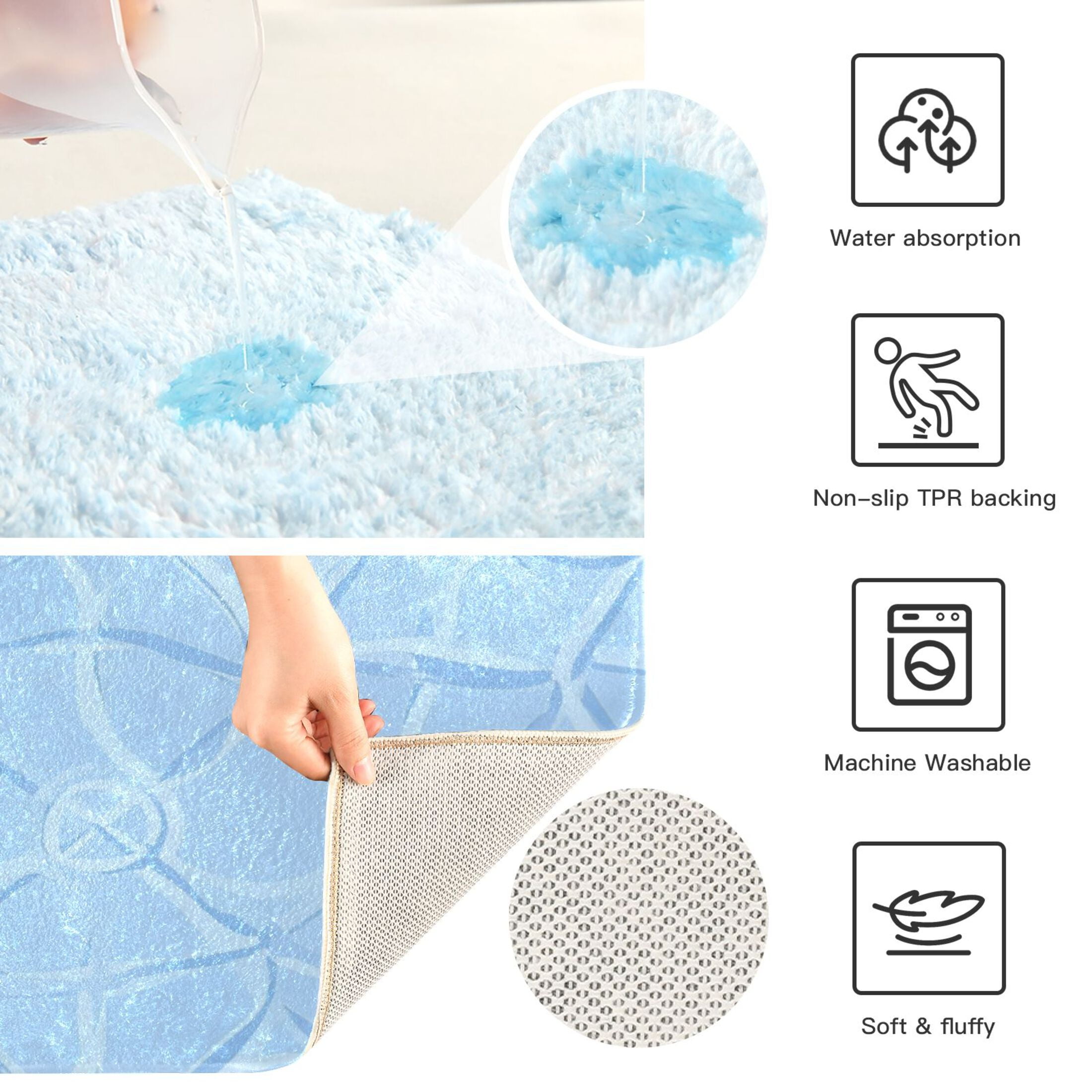 2 Piece Soft Bathroom Rug Set Light Blue Geometric Pattern Bath Mat and U-Shaped Toilet Contour Rug (16"x24"+20"x24")