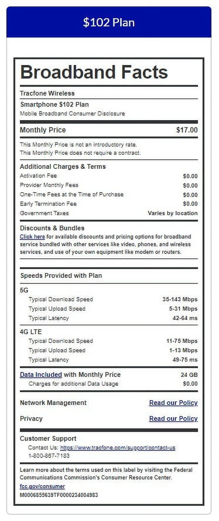 Tracfone $102 Unlimited Talk & Text plus 24 GB of Data 180-Day - Prepaid Plan Direct Top Up