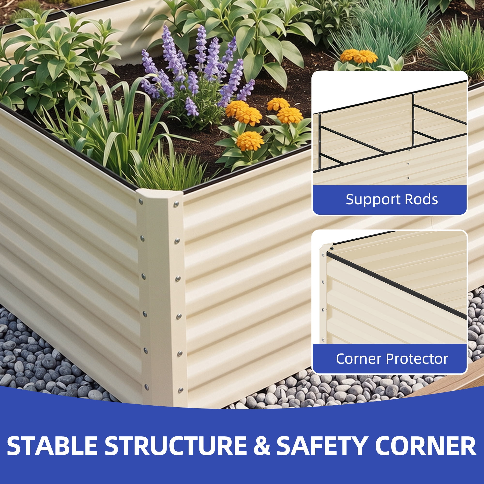 Uforic 6X3X2FT 1 Pack Galvanized Metal Raised Garden Bed Kit with Gardening Gloves & Support Rod, Outdoor Above Ground Planter Box for Plants Vegetables Flowers, Cream White