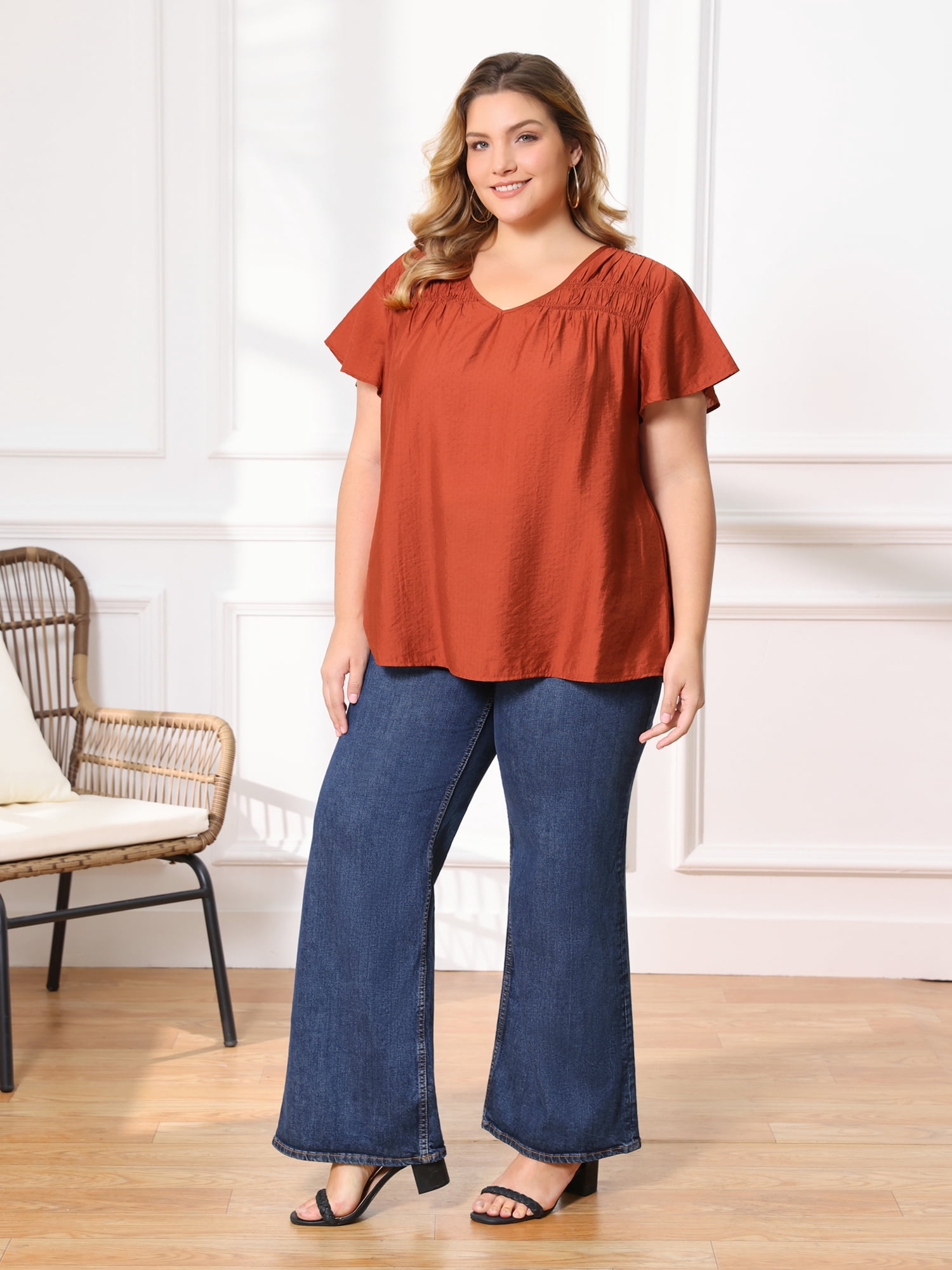 DARING DIVA Women's Plus V Neck and Ruffle Sleeve Casual Summer Wear 2X Orange Red