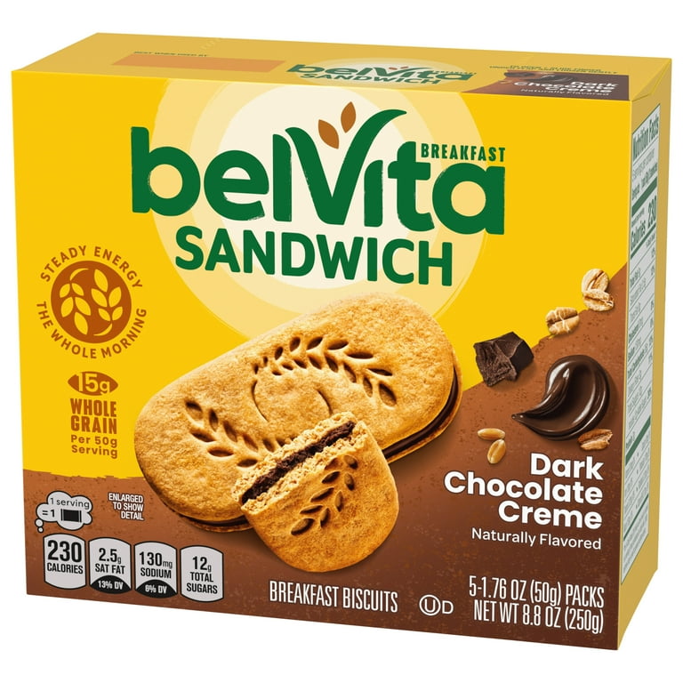 belVita Breakfast Biscuits, Dark Chocolate Creme Breakfast Sandwich, 1.76 oz Pack, 25 PK/Carton, Ships in 1-3 Business Days belVita Breakfast Biscuits, Dark Chocolate Creme Breakfast Sandwich, 1.76 oz Pack, 25 PK/Carton, Ships in 1-3 Business Days