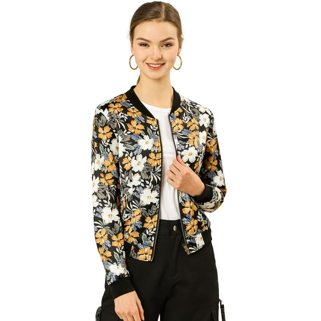 INSPIRE CHIC Blouson Bomber Court à Imprimés Floraux pour Femme à Col Montant à Fermeture à Glissière