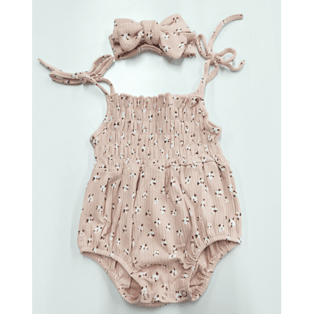 

Binpure Baby Girls Sleeveless Floral Printed Romper + Bowknot Headband