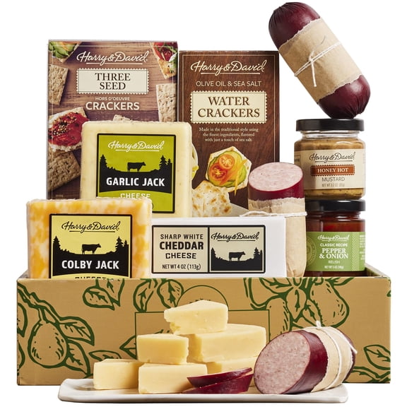 Harry & David Grand Meat And Cheese Gift Box, Food Gift Basket For All Occasions, Charcuterie Platter With 4 Cheese Blocks, 4 Sausages, 2 Sets Of Crackers, Relish & Honey Mustard Sauces