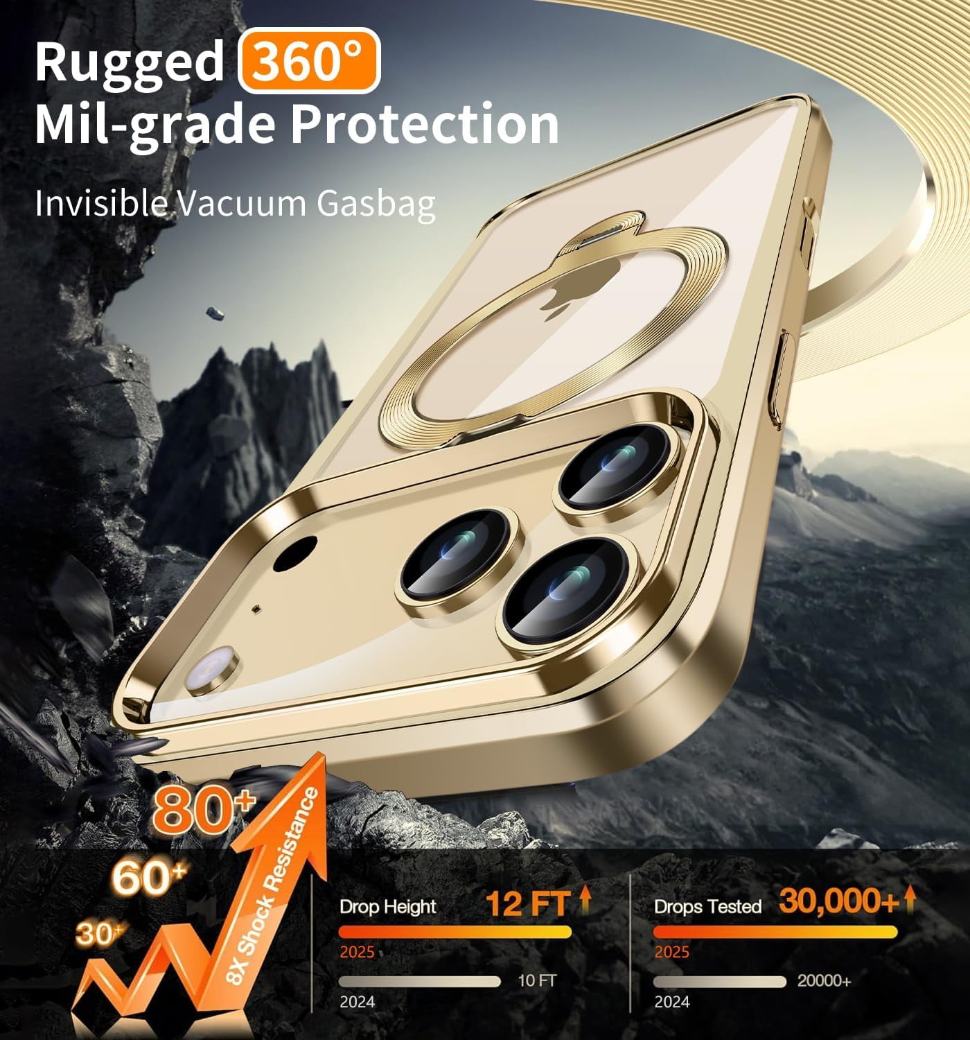 JETeacka CD Metal Ring & Invisible 360° Spin Stand Magnetic Case for iPhone 17 Pro Electroplated Bumper Compatible with MagSafe Slim Clear Cover-Gold