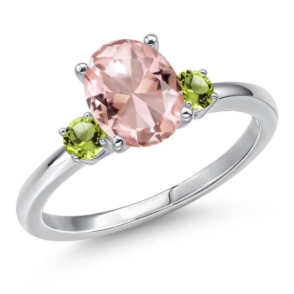 Gem Stone King 14K White Gold Peach Nano Morganite and Green Peridot Engagement Ring for Women | 2.24 Cttw | Oval 9X7MM | Gemstone October Birthstone | Size 7