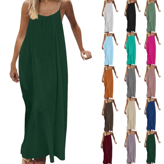 Bmawag Dresses for Women Fashion Plus Size Crew Neck Solid Color Sleeveless Summer Beach Maxi Dress
