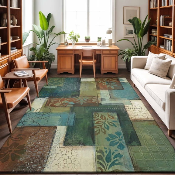 Area Rugs 4'x6'. Teal Green Boho Carpet Runner Indoor Outdoor Rugs Home Decor Aesthetic, Color Block Geometric Modern Non Slip Mats Washable Accent Rug for Living Room Bedroom