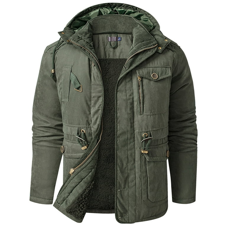 Men s Hooded Cargo Jacket Fleece Lined Thicken Military Bomber