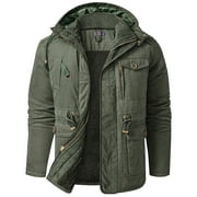 WREESH Mens Cargo Jacket Fleece Cotton Military Jackets Mid Length Hooded Padded Jacket Thicken Warm Winter Coats Olive Green