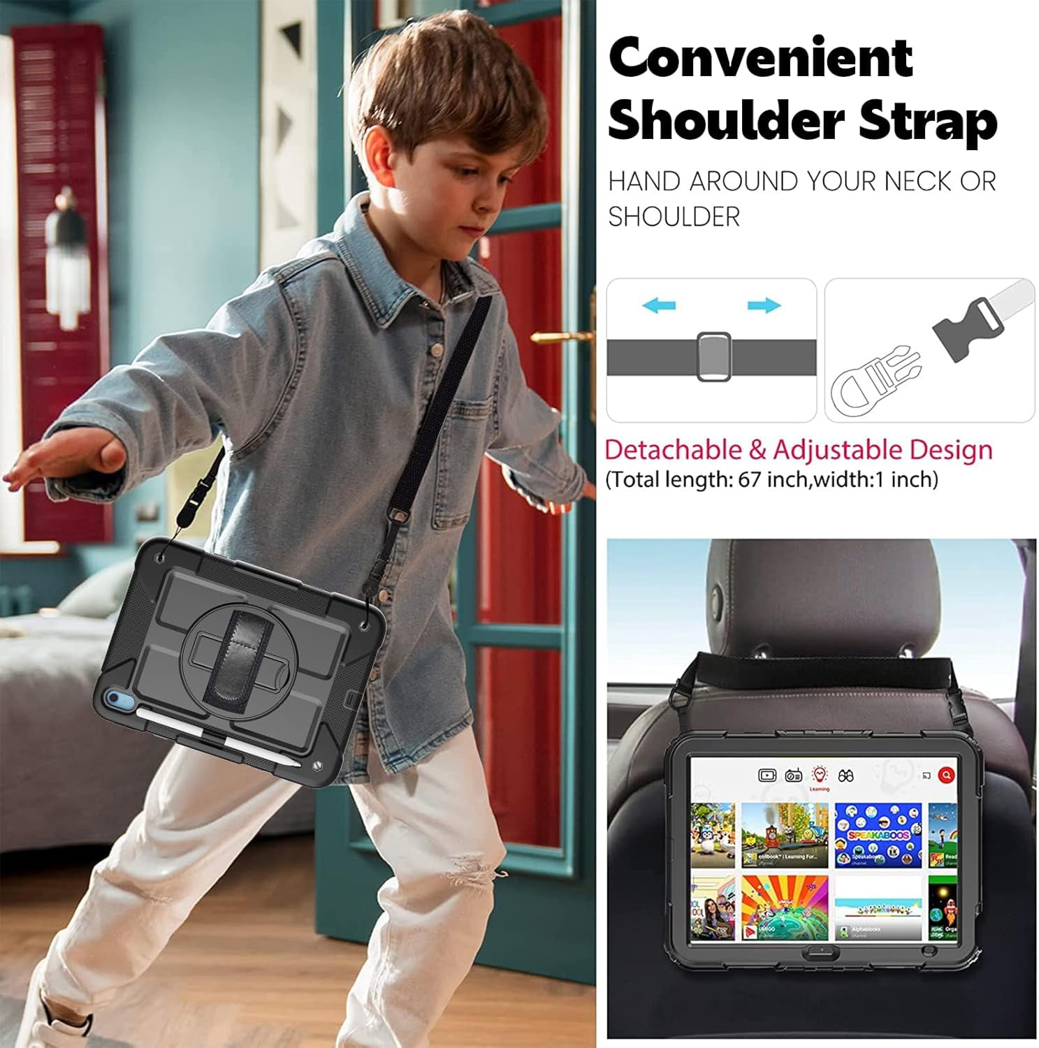 BMOUO Case for iPad (A16) 11th Generation 11" 2025/iPad 10th Generation 10.9 inch 2022, 360 Rotating Stand & Pencil Holder & Hand & Shoulder Strap Shockproof iPad 11th/10th Generation Case, Black