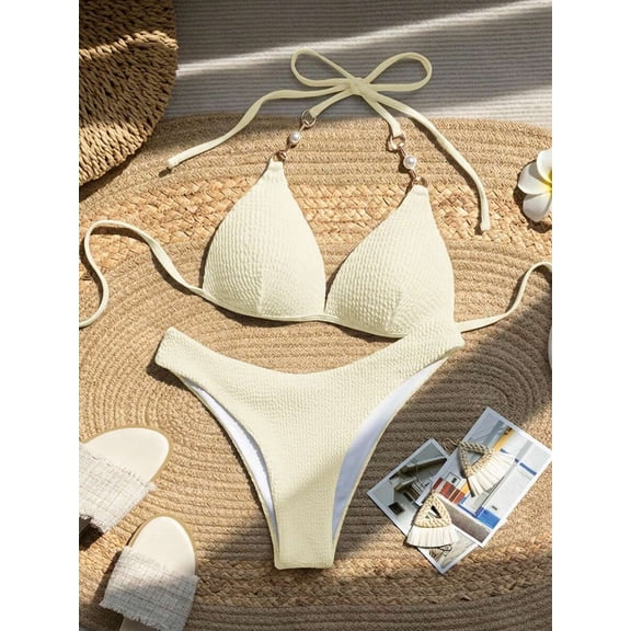 SUSHA Women's Pearl Detail Halter Triangle Bikini Set Summer Swimwear multiple colors can be selected