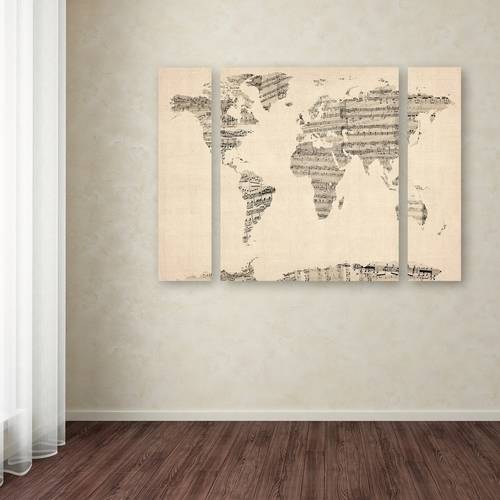 Trademark Fine Art "Old Sheet Music World Map" Canvas Art by Michael Tompsett Three Panel Set