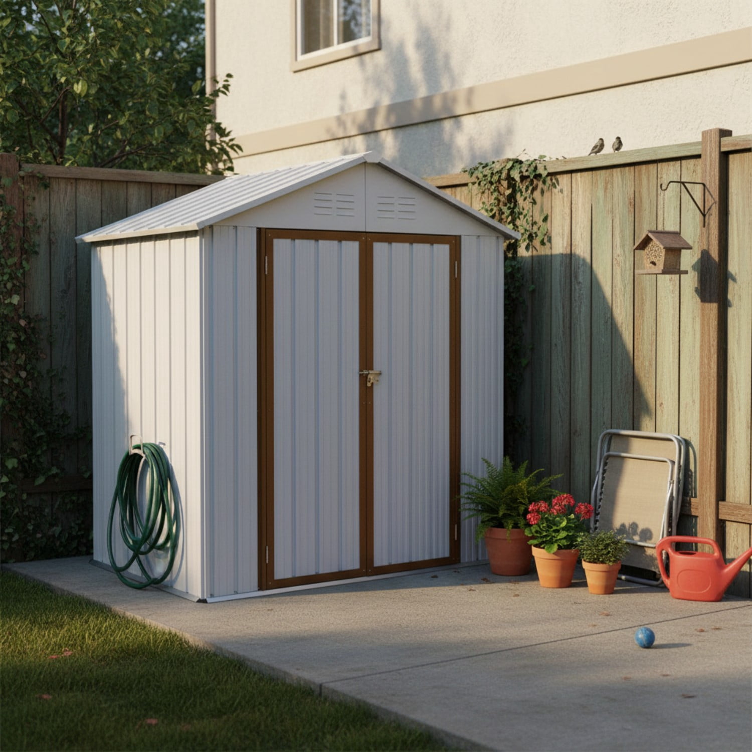 Alvantor Outdoor Storage Sheds Apex Roof Metal Shed Heavy Duty, 6x4 Ft, White+Yellow