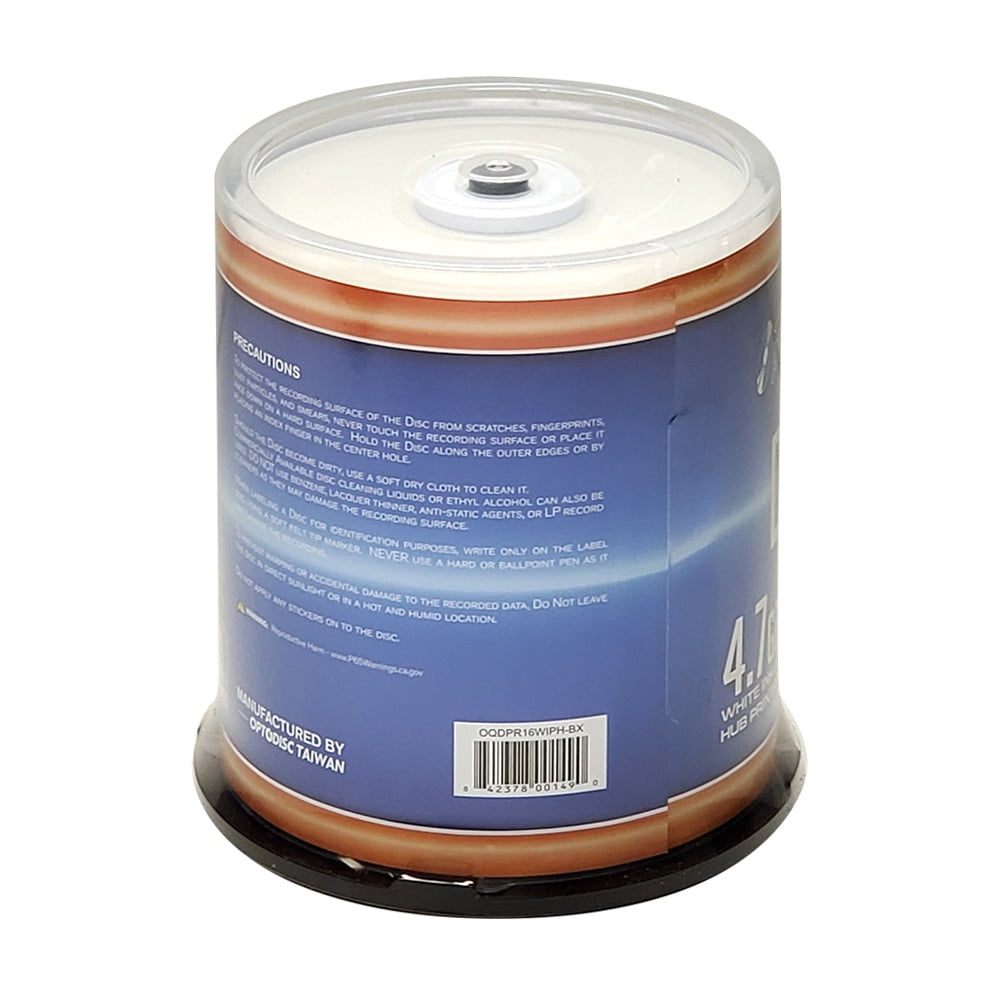 Optical Quantum DVD+R 4.7GB 16X White Inkjet Printable - 100pk Disc Spindle OQDPR16WIPH-BX