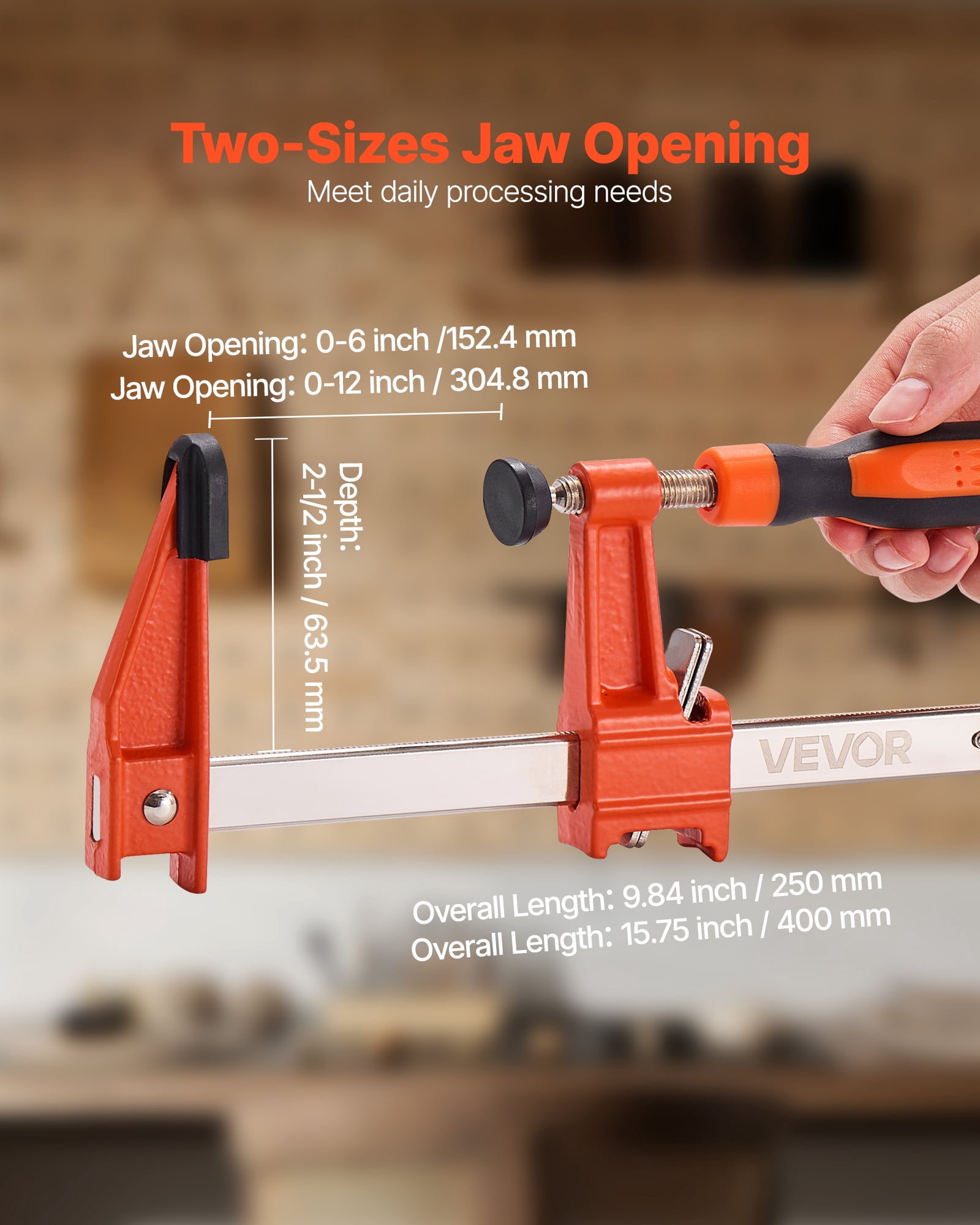 VEVOR Bar Clamps for Woodworking, 2-Pack 6 inch and 2-Pack 12 inch, Lockable F-Clamp with 600 lbs Load Limit, 2-1/2 inch Depth, Cast Iron and Carbon Steel, Wood Clamps for Woodworking Metal Working