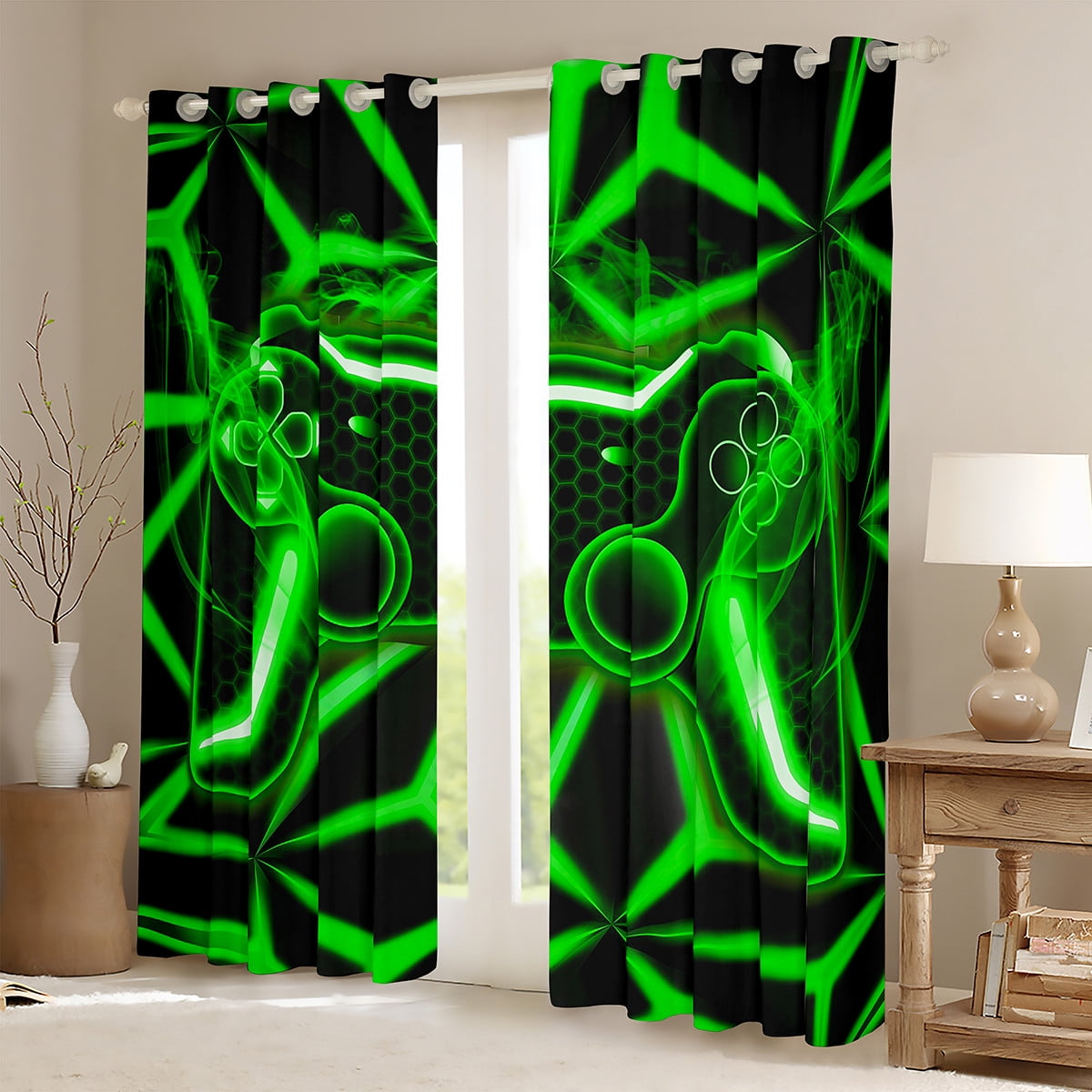Erosebridal Teens Gamepads Curtains and Drapes (38Wx54L),Black Green 30%-50% Blackout Curtains for Bedroom,Video Game Curtains Pack of 2 (38Wx54L),Geometric Room Decor