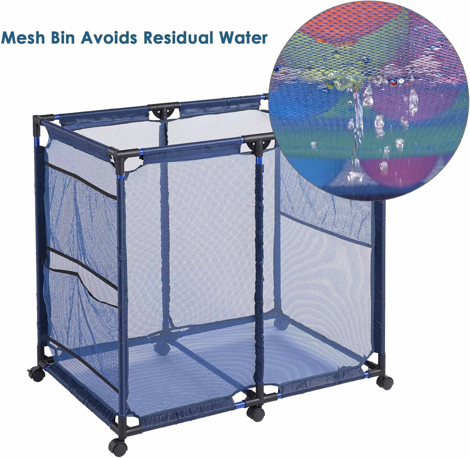 Large Mesh Pool Storage Bin Netting Organizer 36" L x24 W x 35" H Rolling Storage Cart with Extended Sturdy Connector & Metal Frame Organizer for Float Goggles Container, Backyard Garage, Blue